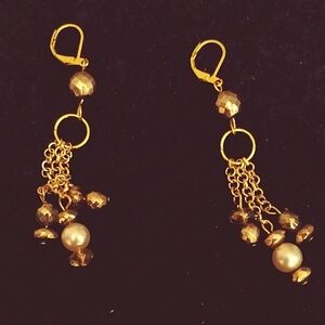 Hand Made Dangle Earrings Gold Bronze & Pearl Repurposed+